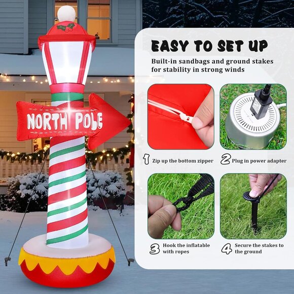 ⚡6FT Christmas Inflatables North Pole Road Sign Street Lamp Outdoor Decorations - Picture 5 of 6